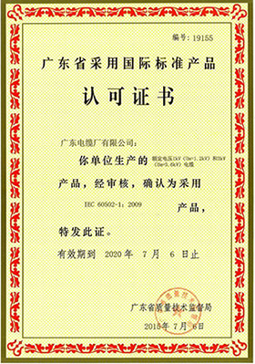 廣東省采用國際標準產(chǎn)品認可證書(1-3kV)